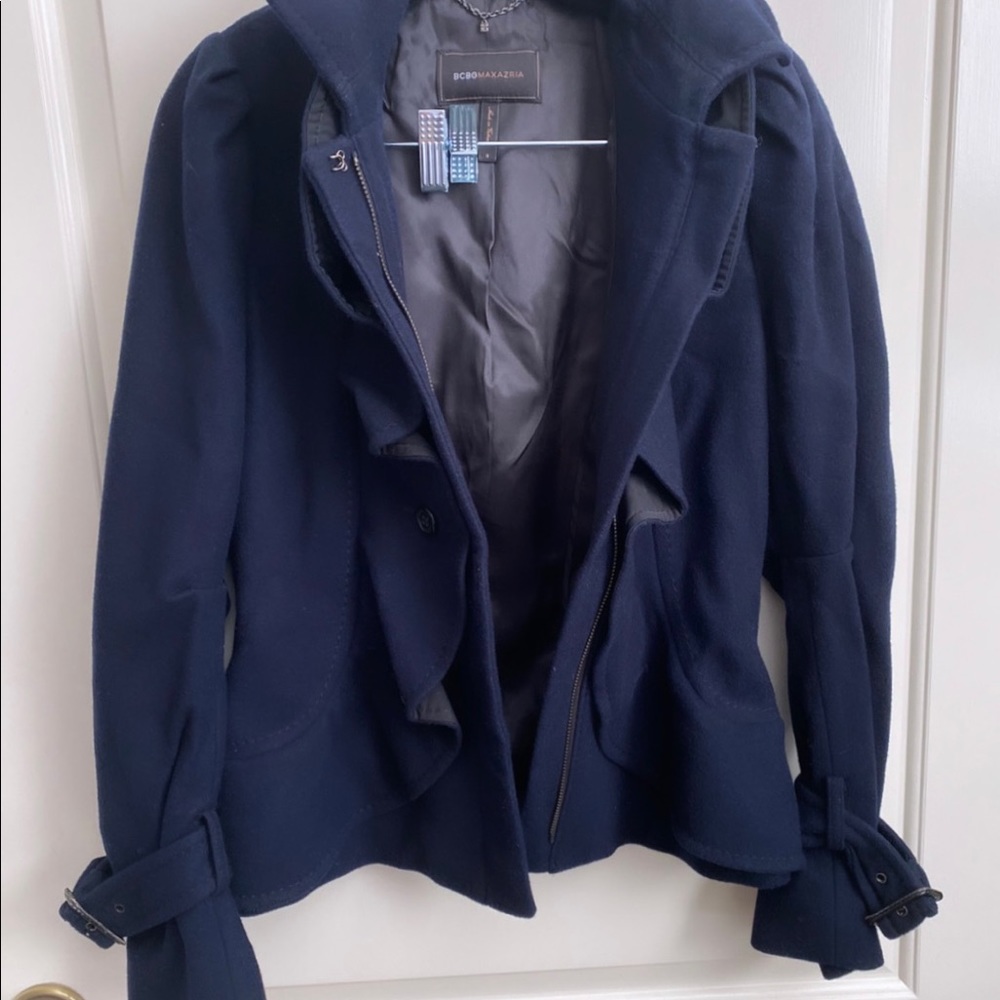 BCBGMaxAzri Ruffle Coat, size small. Dark Navy blue